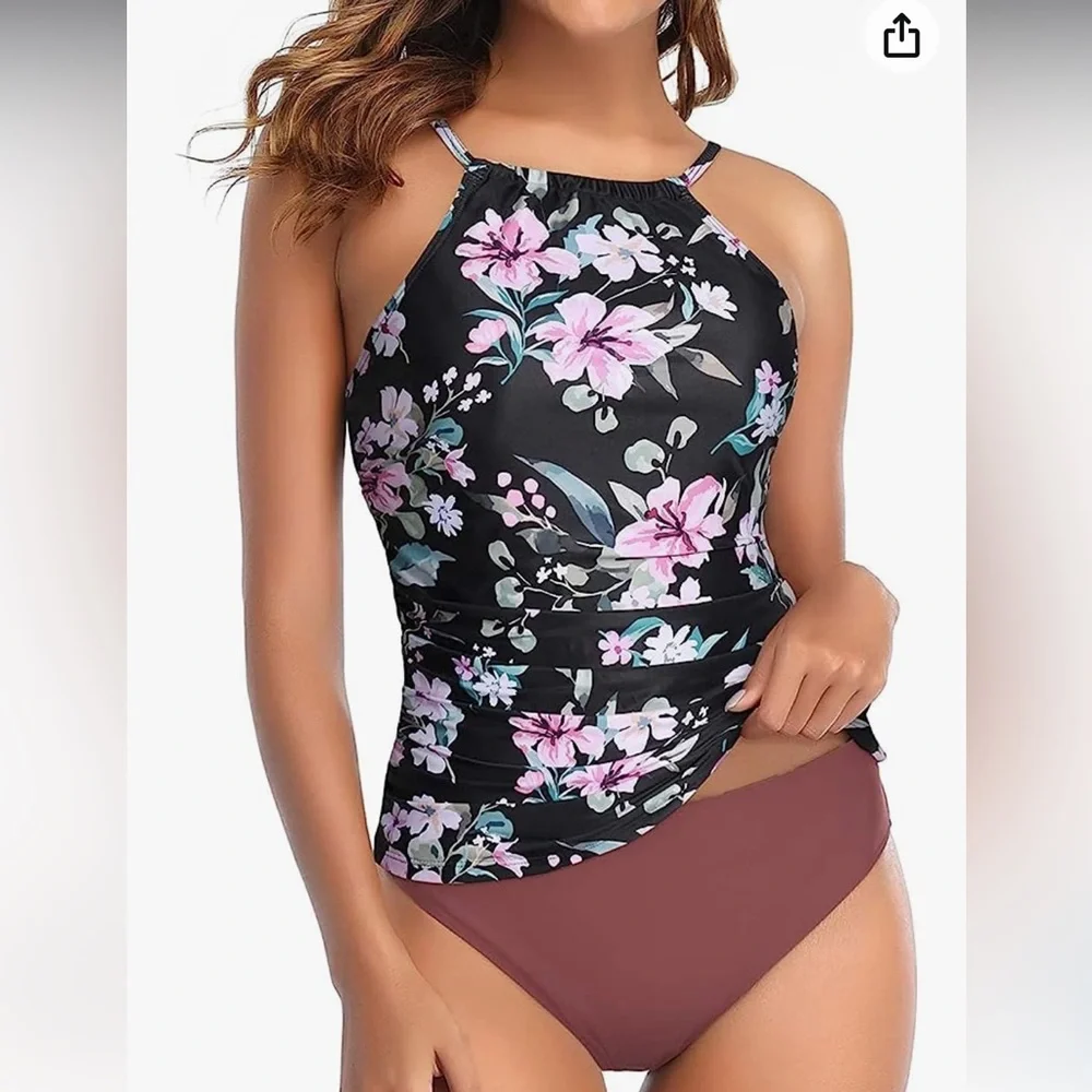 Tempt Me Two Piece Tankini  High Neck Ruched Tummy Control Top with Bottom - Picture 2 of 10